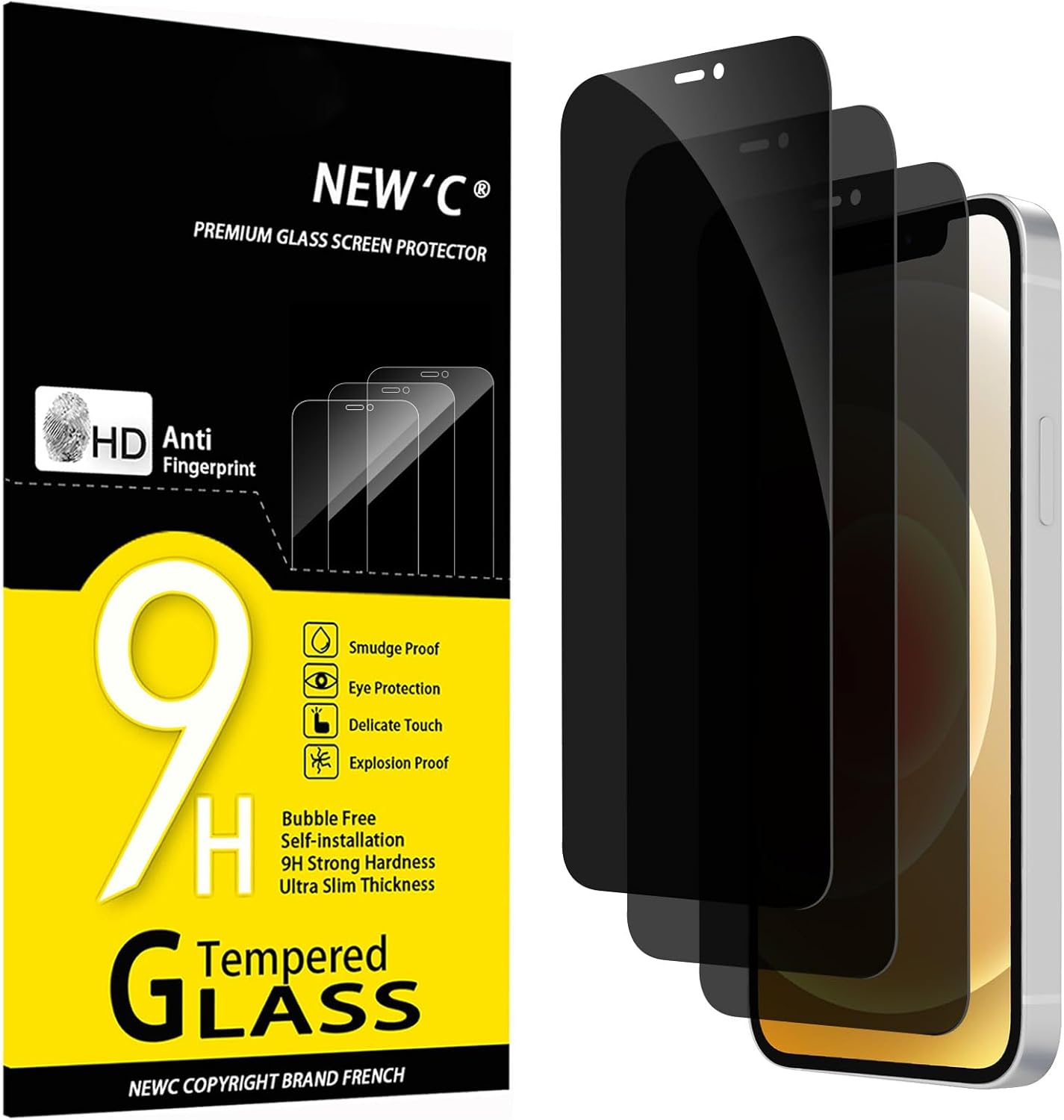 NEW'C 3 Pack Privacy for iPhone 12,iPhone 12 Pro Screen Protector (6.1"), Enhanced 28-Degree Privacy Angle, Ultra Durable 9H Hardness, Bubble-Free