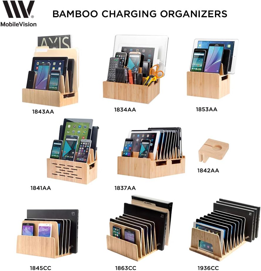 MobileVision Bamboo Multi Device Inclined Organizer for Smartphones, Tablets and Laptops, Upright Sections, Step Sorter, 5 Slots