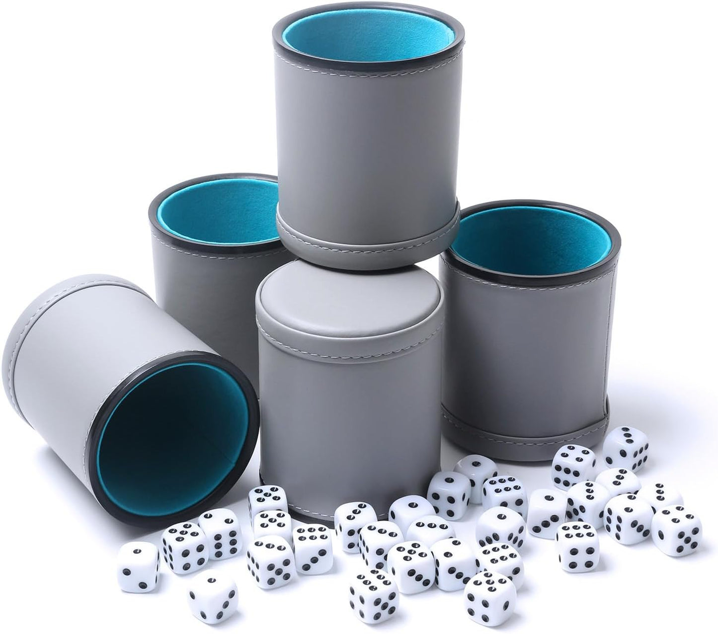 5 Pack PU Leather Dice Cups Felt Lining Quiet Shaker with 30 Dot Dice for Bar Party Yahtzee Farkle Dice Games, Grey