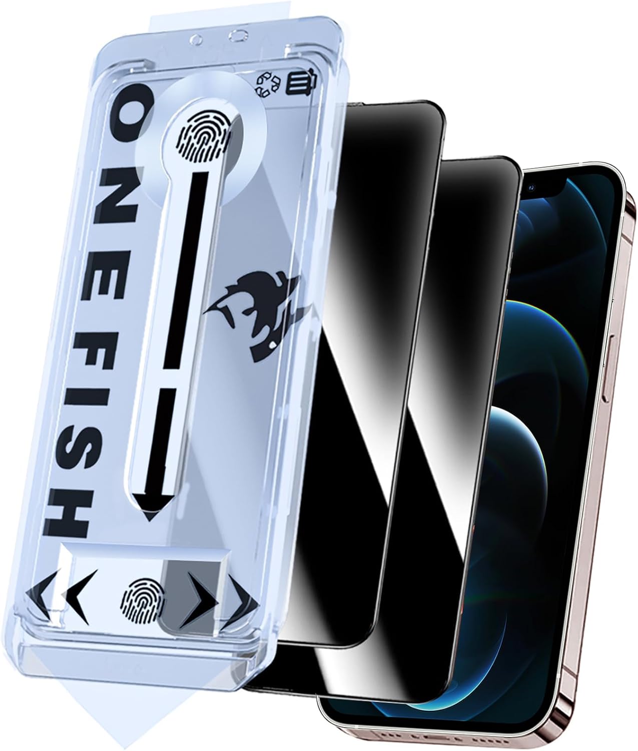 OneFish Privacy Screen Protector for iphone 12 Pro Max, Anti-Spy Tempered Glass Private,Edge Protection Screen Protector with Installation Frame,9H Glass Scratch Resistant, Bubble Free, 2 Packs.