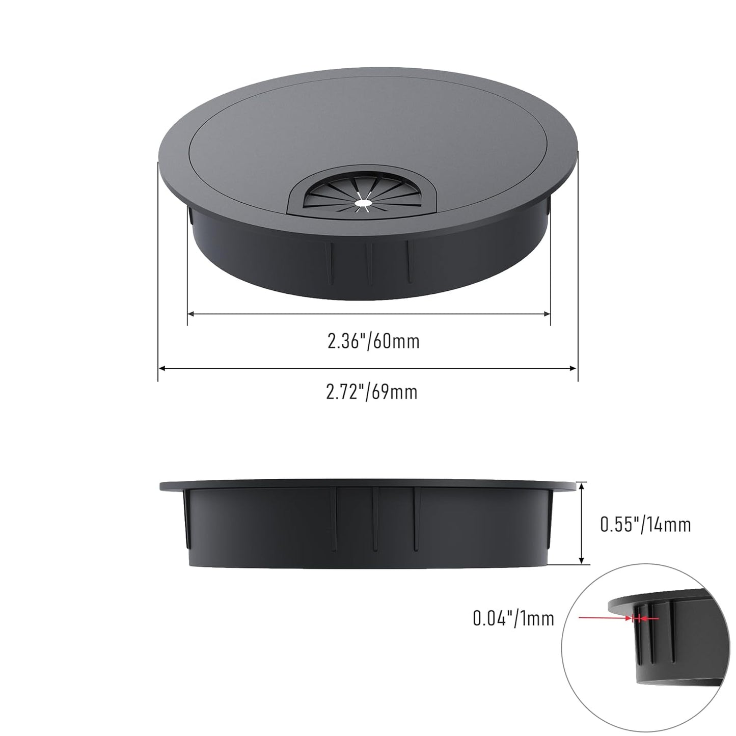 Desk Grommet 2-3/8 Inch 60mm, Zinc Alloy Computer Desk Wire Hole Cover, Office Desktop Cord Cable Hole Metal Ring, Black