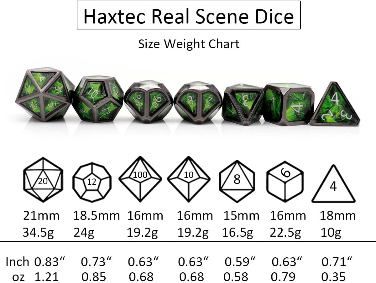 Haxtec Metal Dice Set D&D Acid Splash Real Scene Black Green Polyhedral DND Dice W/PU Leather Dragon Eye Dice Bag for TTRPG Compatible with Dungeons and Dragons Gifts