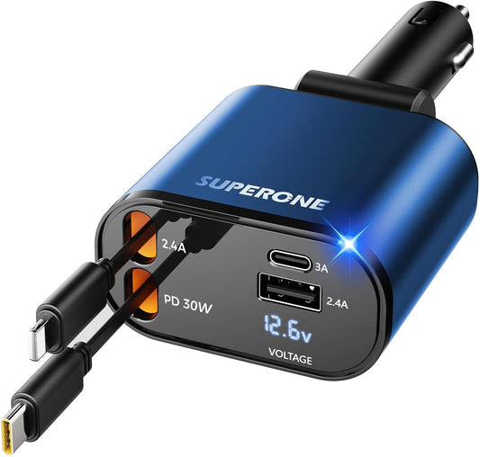 【Upgraded】 SUPERONE Retractable Car Charger 4 in 1, Fast Car Phone Charger with Cord 2.6ft, USB C and Apple Car Charger Adapter, Compatible with iPhone 16 15/15 Pro Max/14/13/12/11, Galaxy, Pixel