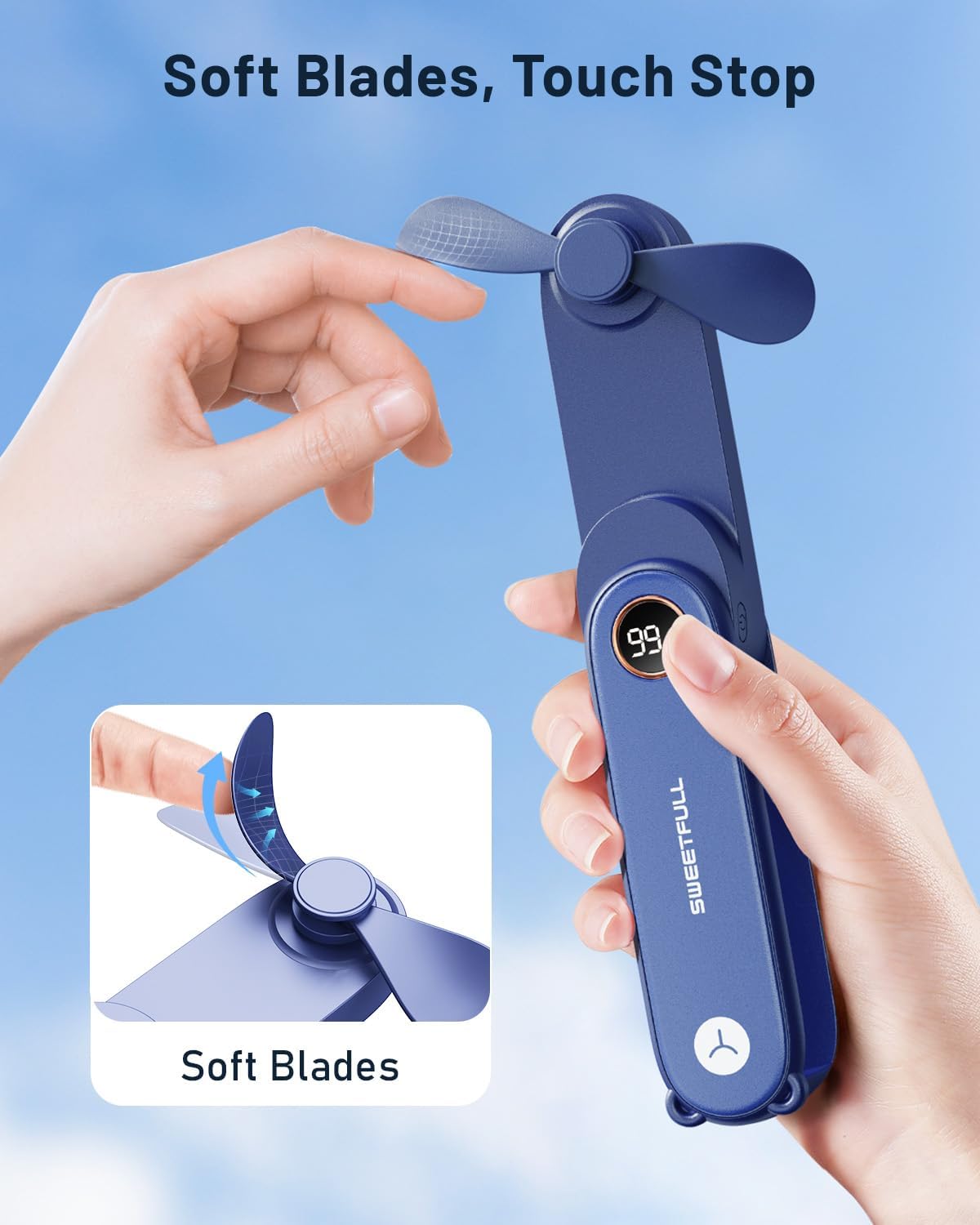 SWEETFULL Portable Handheld Mini Fan with LED Display, 3-in-1 Personal Foldable USB Rechargeable Hand Held Fan & Flashlight for Travel, Lash Eyelash, Cute Small Pocket for Women, Girls