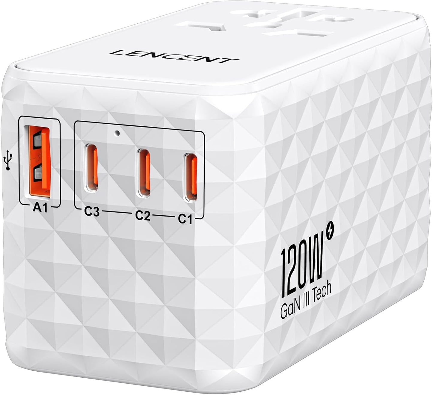 LENCENT 120W International Travel Adapter, Universal Travel Adapter with 1 QC USB-A & 3 PD3.0 Type C Power Adapter, Fast Charging for Phone,Laptops, All-in-One Outlet Adapter for USA/UK/EU/AUS, White