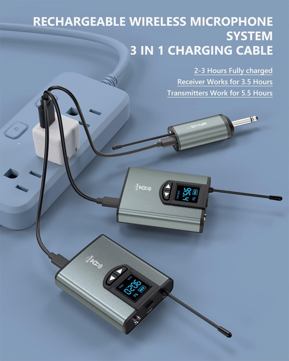 Wireless Microphone System Dual Transmitters Receiver Lavalier/Headset Mic Set Rechargeable Bodypack for PA Speaker, Camera, Video Recording, Teaching, Church, Interview