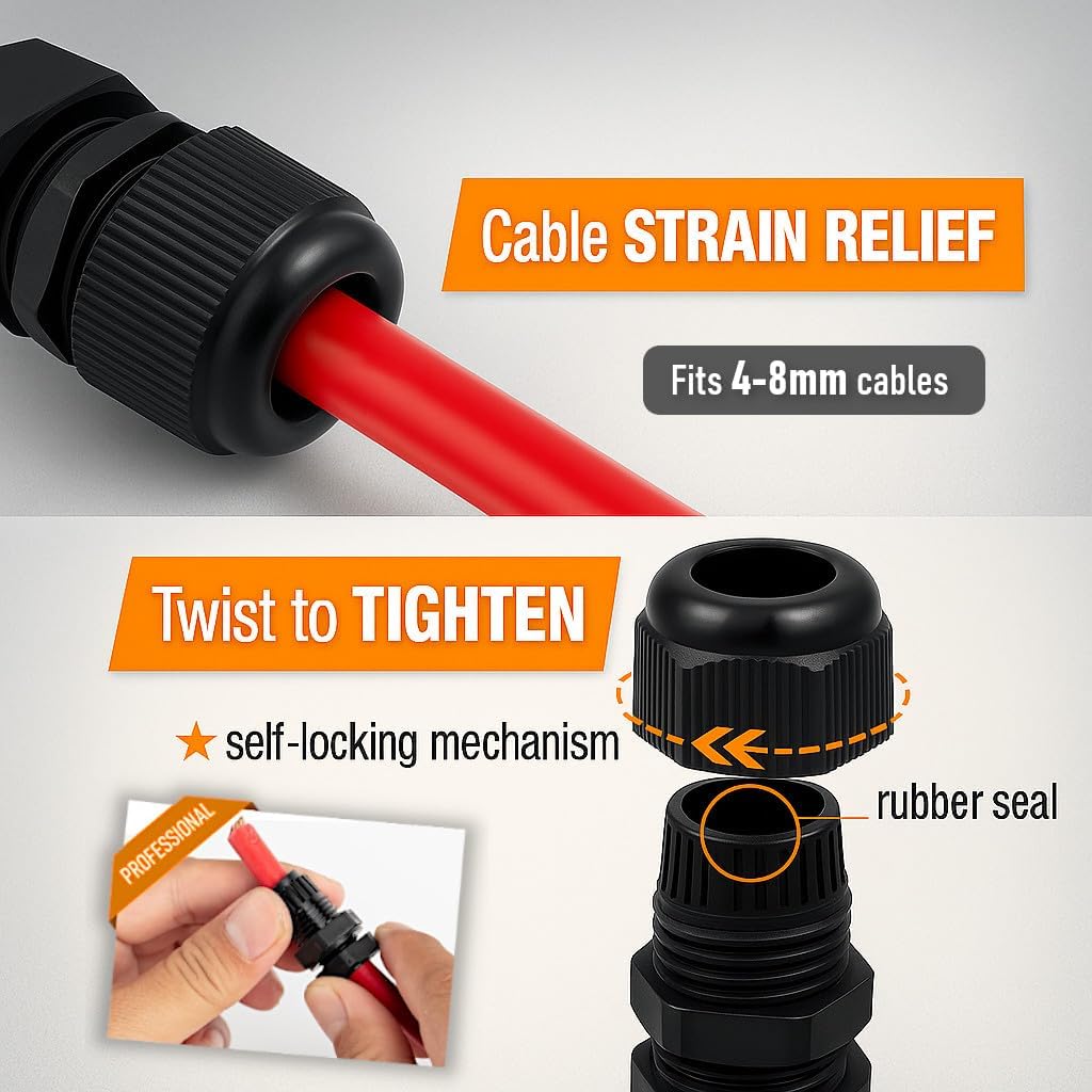 MGI SpeedWare 3/8" NPT Strain Relief Nylon Cord Grip Cable Glands, Black Plastic Grommet 5-Pack