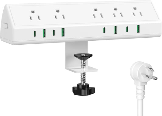 45W Fast Charging Station,Desk Clamp Power Strip,4 PD USB-C Ports,5 AC Outlets,Surge Protector Power Strip, 14AWG Heavy Duty Cord, Fits 1.9" Tabletop Edge (White, 10 FT Cable)