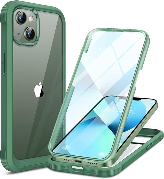 Miracase Compatible with iPhone 13 case 6.1 inch, 2023 New Full-Body Glass Clear Case Bumper Case with Built-in 9H Tempered Glass Screen Protector for iPhone 13, Acacia Green