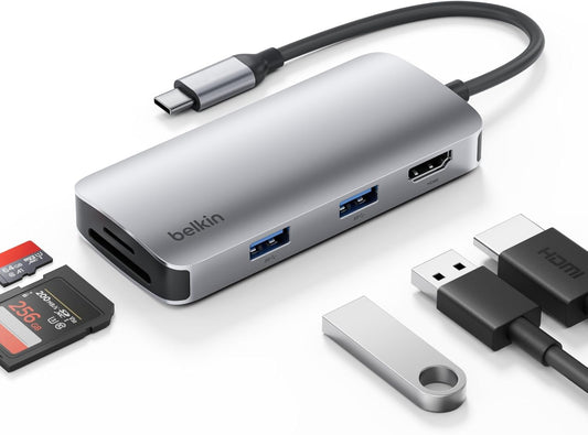 Belkin USB-C Hub, 5-in-1 Multiport Adapter - USB-C Docking Station with 4K HDMI, 2 x USB-A Ports, SD Card Slot, & MicroSD Card Slot for MacBook Pro, Air, iPad Pro, XPS, and More