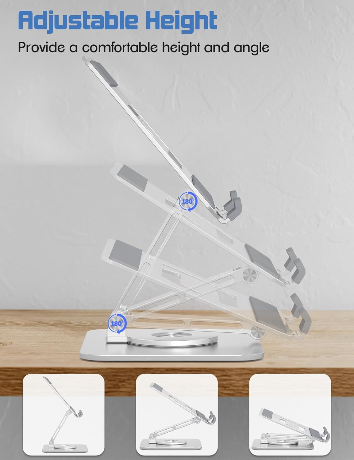 Tablet Stand Holder with 360°Rotating Base - Adjustable Aluminum Desktop Stand for iPad Holder for Desk Compatible with 4-13" Tablets, Silver