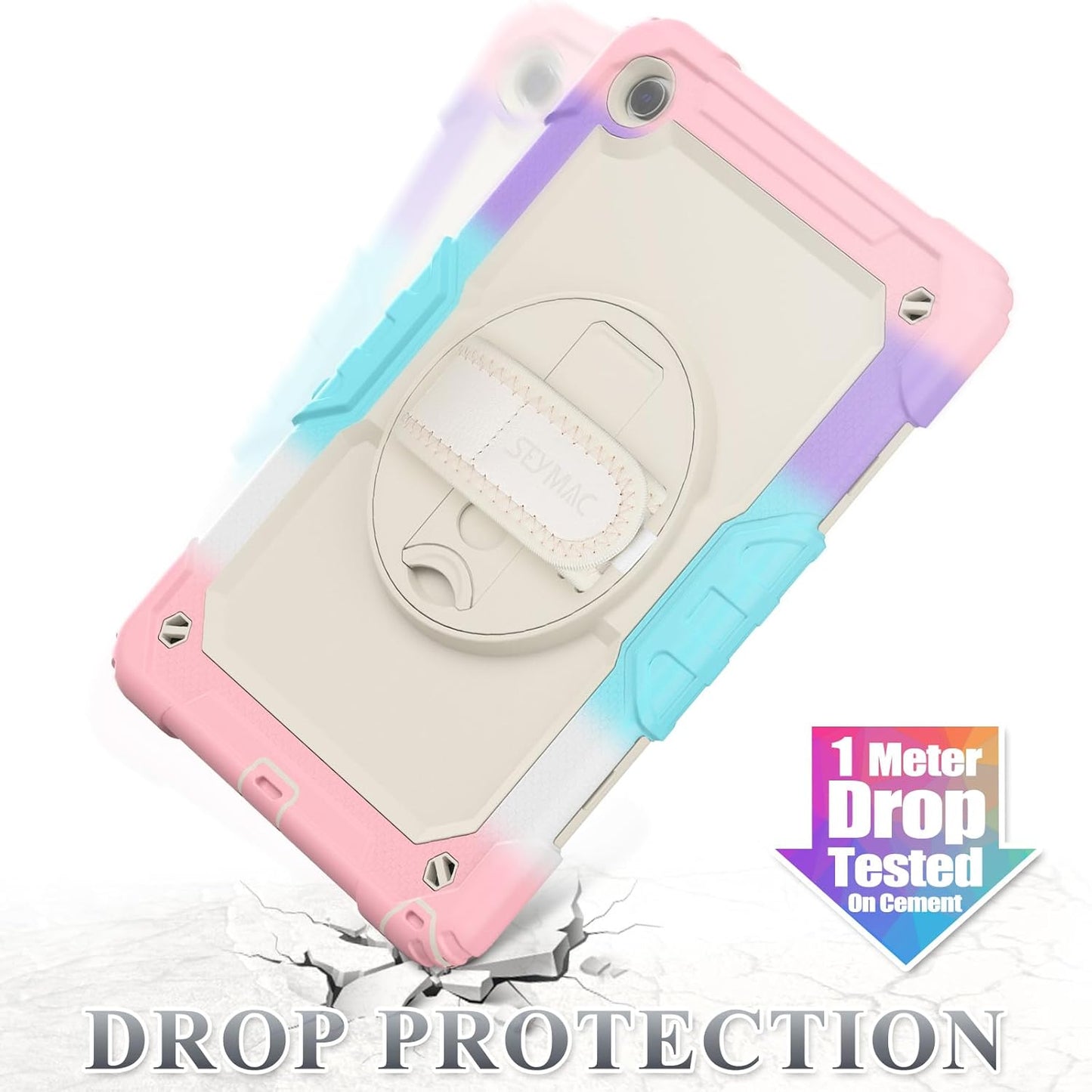 SEYMAC stock Case for Samsung Galaxy Tab A9+ Plus 11'', Full-Body Drop Protection Case with Screen Protector Pencil Holder [360° Rotating Hand Strap] &Stand, Yellowish+Pink