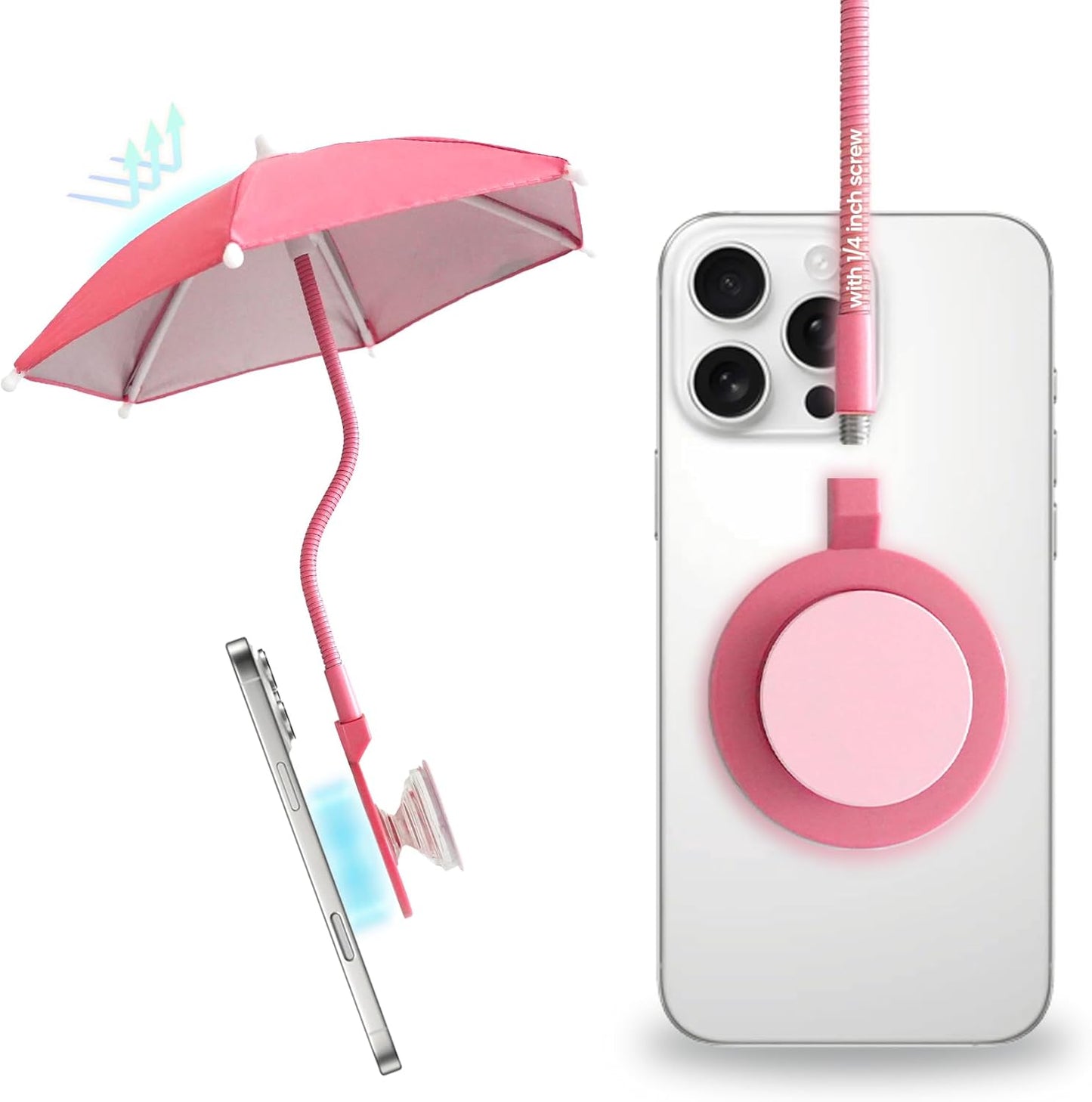 3 in 1 Magnetic Umbrella Sunshade Collapsible Expandable Phone Grip & Stand - Elegant Magsafe Compatible Phone Holder for Secure Grip and Hands-Free Viewing (Pink)