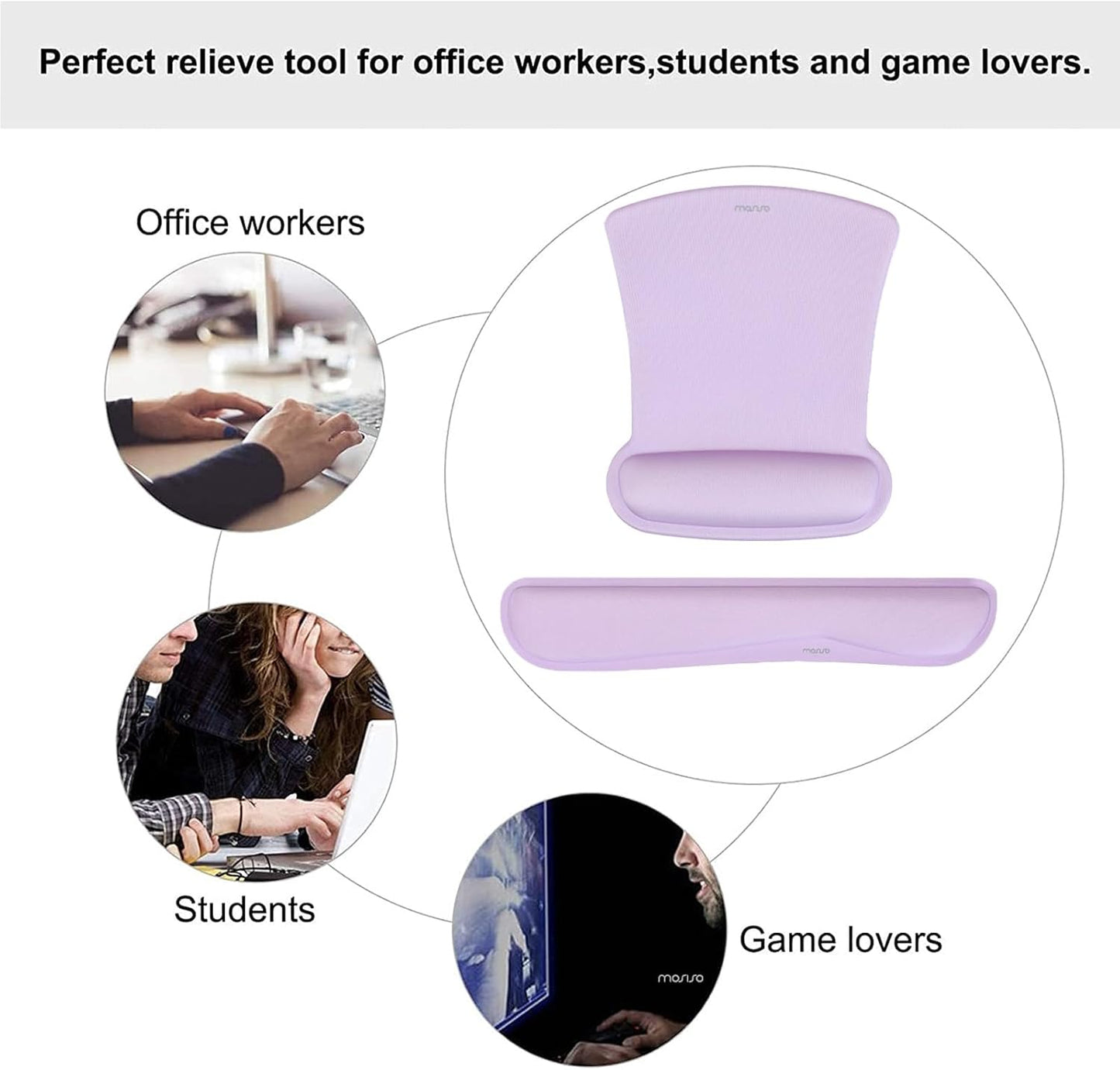 MOSISO Wrist Rest Support for Mouse Pad & Keyboard Set, Ergonomic Mousepad Non-Slip Base Home/Office Pain Relief & Easy Typing Cushion with Neoprene Cloth & Raised Memory Foam, Dusty Lilac