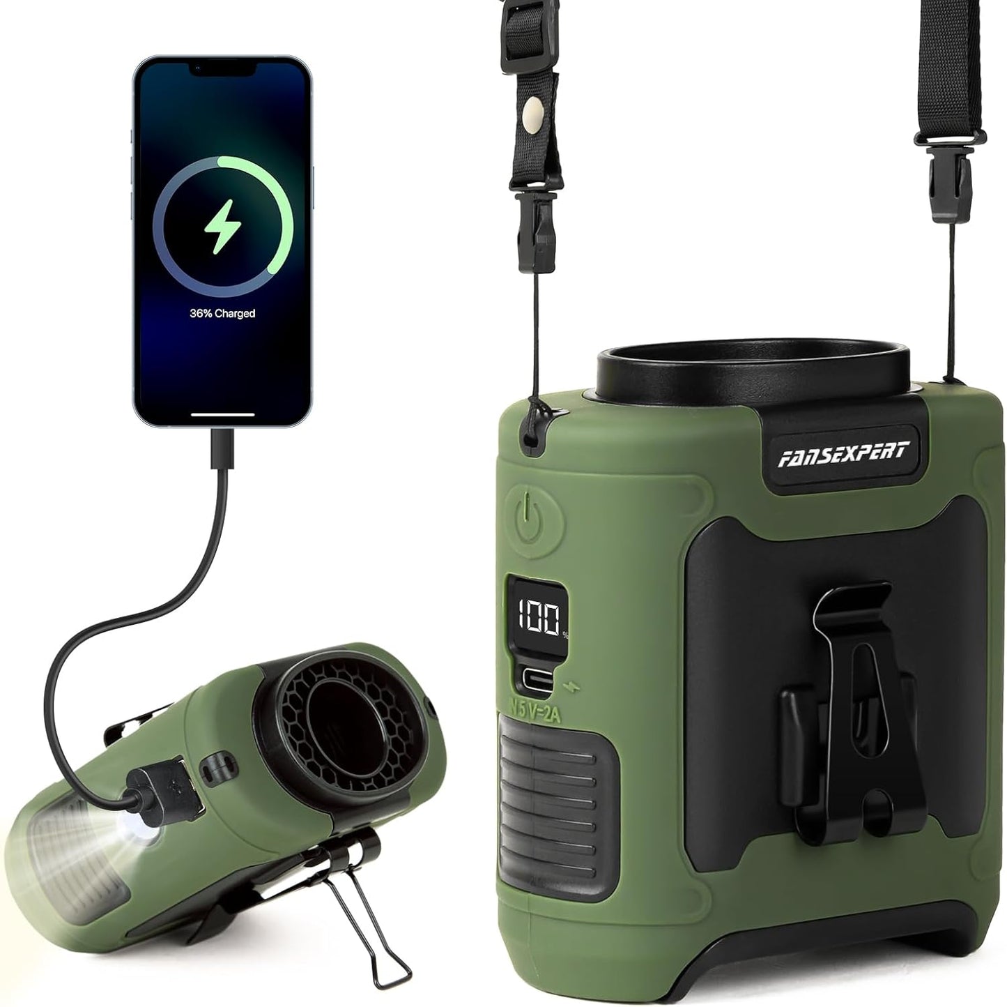 Portable Waist Fan Clip on, Personal Wearable Belt Fan 10000mAh Rechargeable Battery Under Shirt,5 Speeds with light, Neck Fan Hands-Free Cooling For Outdoor Camping Travel (Green)