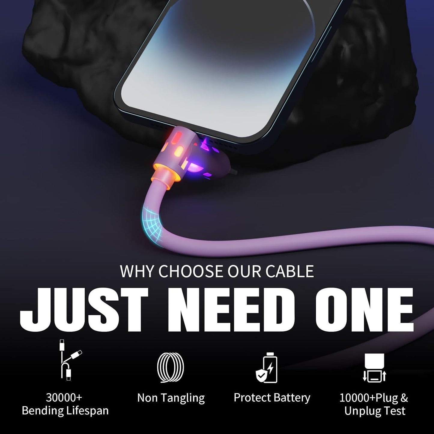 240W USB C Cable,4 in 1 Charging Cable Fast Charging & Data Sync, Multi USB Charging Cable with Breathing Light,Charger Cord for iPhone 16/15 14 13 iPad Samsung Galaxy MacBook iPad Tablets,Purple 5Ft