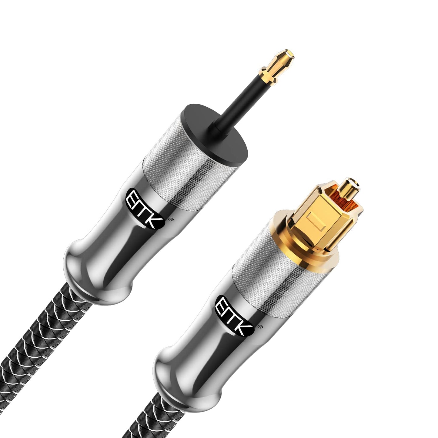EMK 24K Gold-Plated Toslink to Mini Toslink Cable (5ft/1.5M) - Digital Optical Audio Cable with 3.5mm Mini Plug for Soundbar, Home Theater, TV - Silver SPDIF Fiber Optic Cable