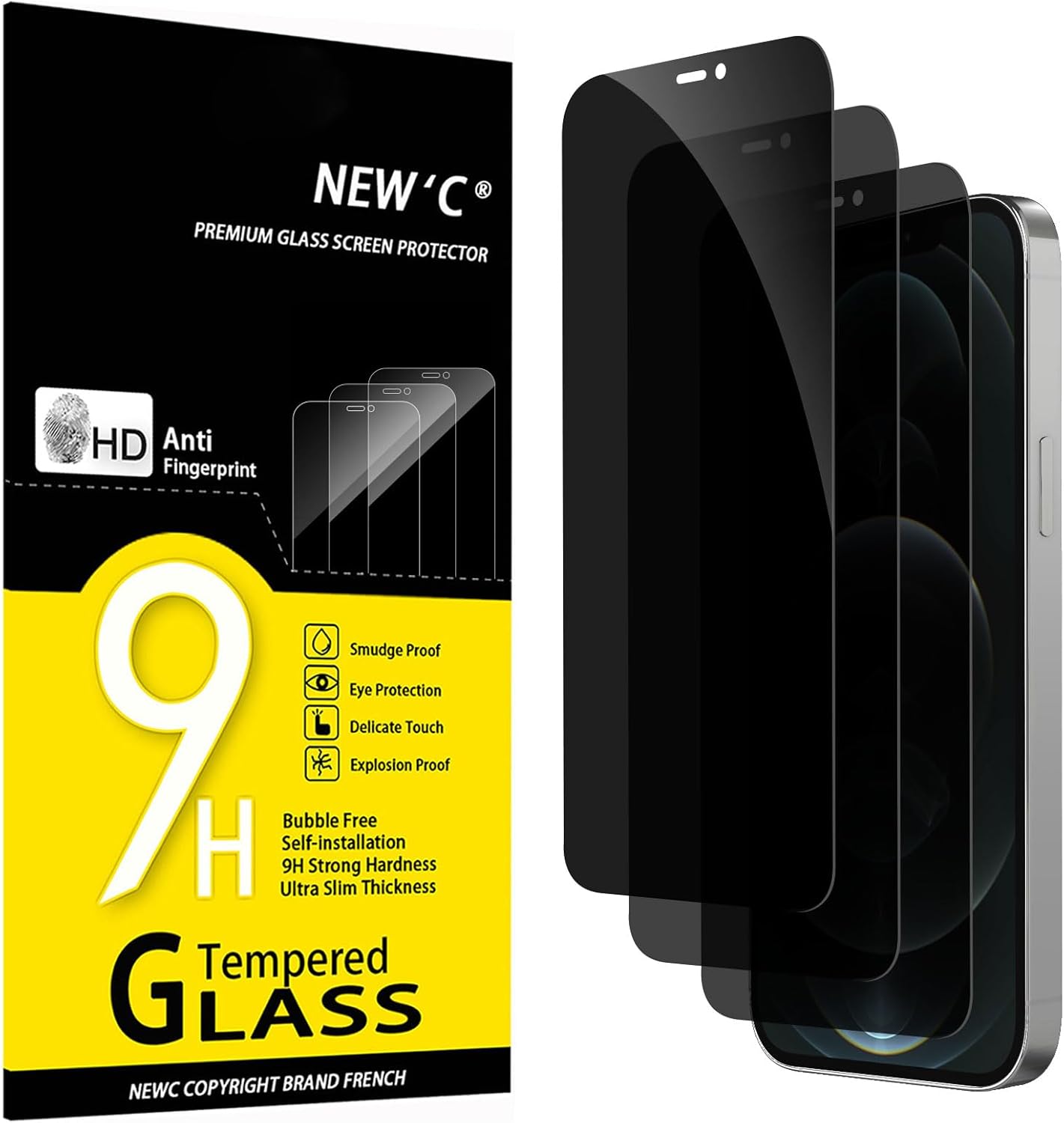 NEW'C 3 Pack Privacy for iPhone 12 Pro Max Screen Protector (6.7"), Enhanced 28-Degree Privacy Angle, Ultra Durable 9H Hardness, Bubble-Free