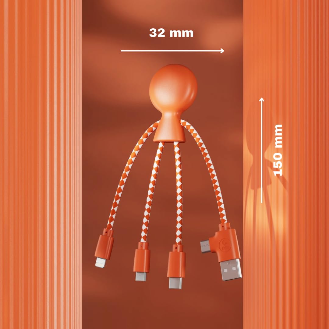 Multi USB Cable 4 in 1 - Universal Charger Made from Recycled Plastic - USB, USB-C, Lighting, Micro USB Ports - Compatible with All Smartphones Mr Bio Blue Octopus (Orange)