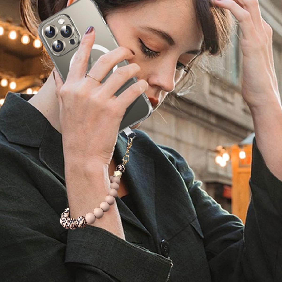 Marble Silicone Beaded Phone Wrist Strap, Cellphone Lanyard with Tether Tab, Elastic Hands-Free Wristlet Bracelet