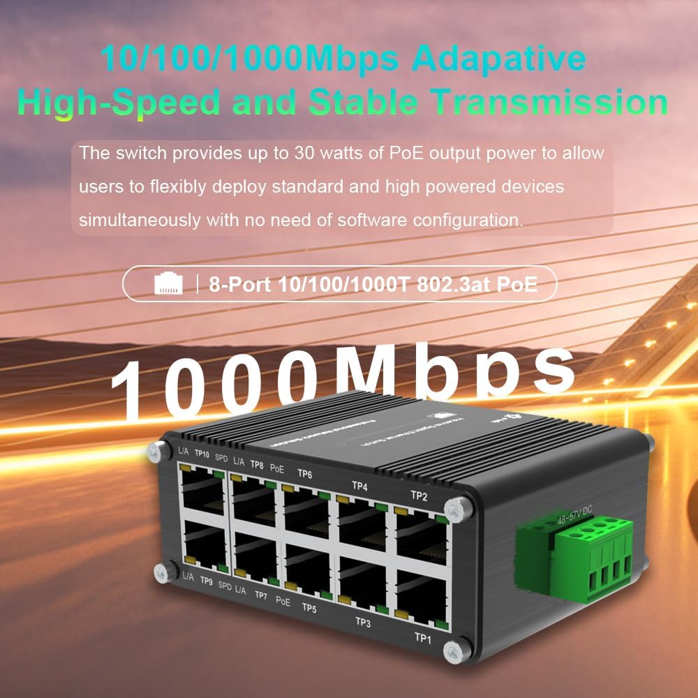 Mini Industrial 8-Port 10/100/1000T 802.3at PoE + 2-Port 10/100/1000T Din Rail Mount Compact Ethernet Switch, 48~57V DC Unmanaged Network Switch 20Gbps Switching Capacity