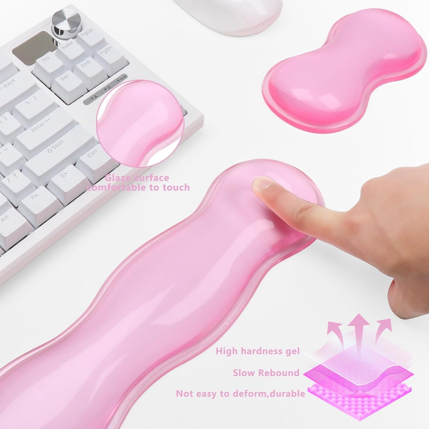 Gel Keyboard and Mouse Wrist Rest, Cute Wrist Support and Arm Support Keyboard Rest for Keyboard and Mouse Typing Pain Relief，Suitable for Office/Computer/Laptop/Gaming (Transparent Pink Set)