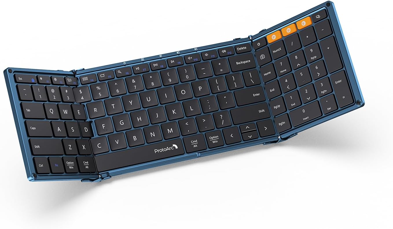 ProtoArc Foldable Bluetooth Keyboard, XK01 Folding Wireless Portable Keyboard with Number Pad, Full-Size Travel Keyboards for Windows iOS Android Tablet Smartphone Laptop PC - Dark Blue