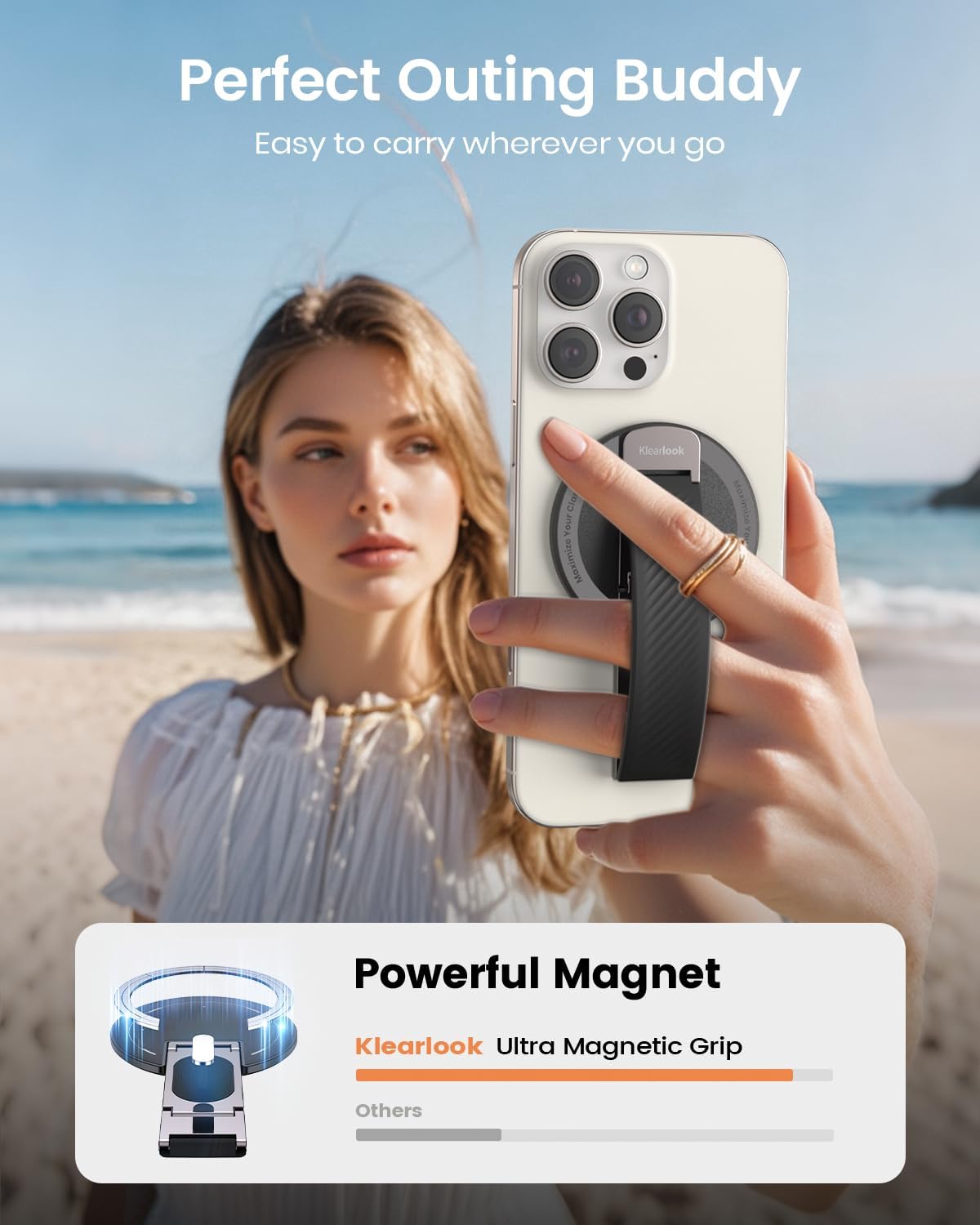 2025 Klearlook for MagSafe Phone Grip with Silicone Finger Strap, Removable Magnetic Phone Ring Holder with Adjustable Kickstand, Finger Phone Ring Grip for iPhone 16/15/14/13/12 Series, Black