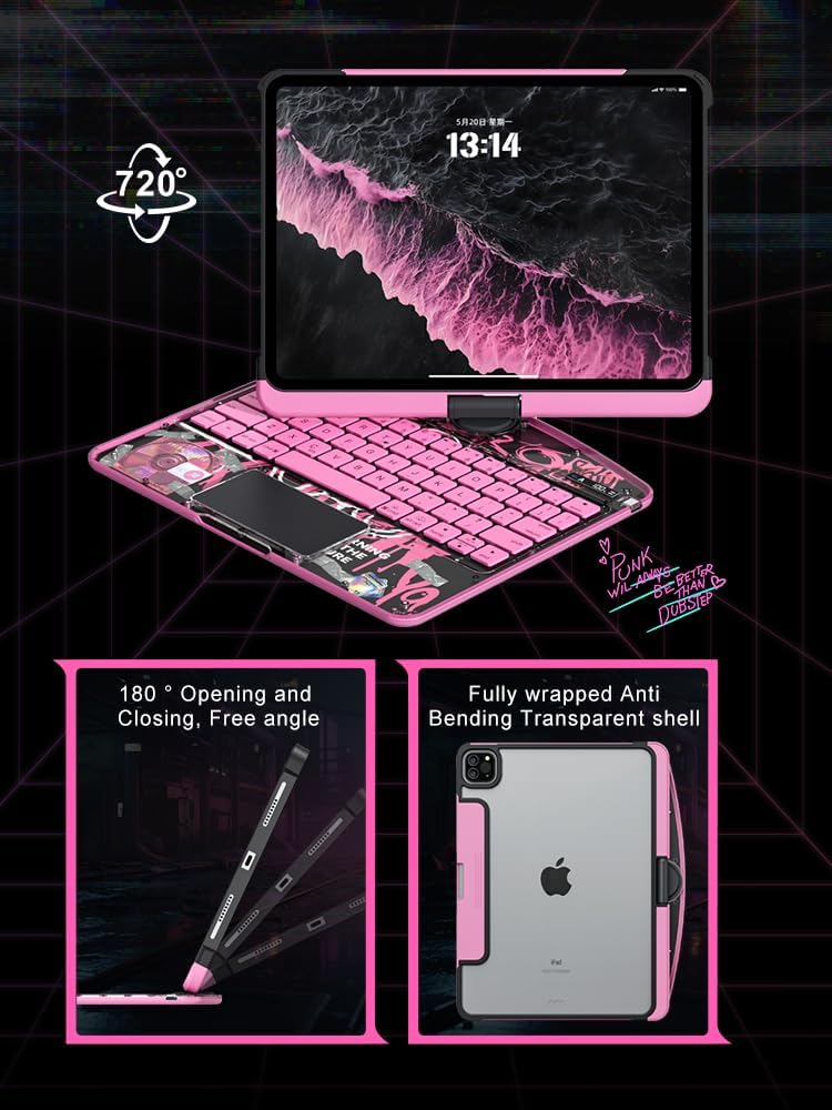 KARTICE Transparent 360 Keyboard Case with Wireless Keyboard for iPad Air 11 Inch 2024, 10.9" iPad Air 5th/4th, 11" iPad Pro 4/3/2/1 360° Rotating Stand
