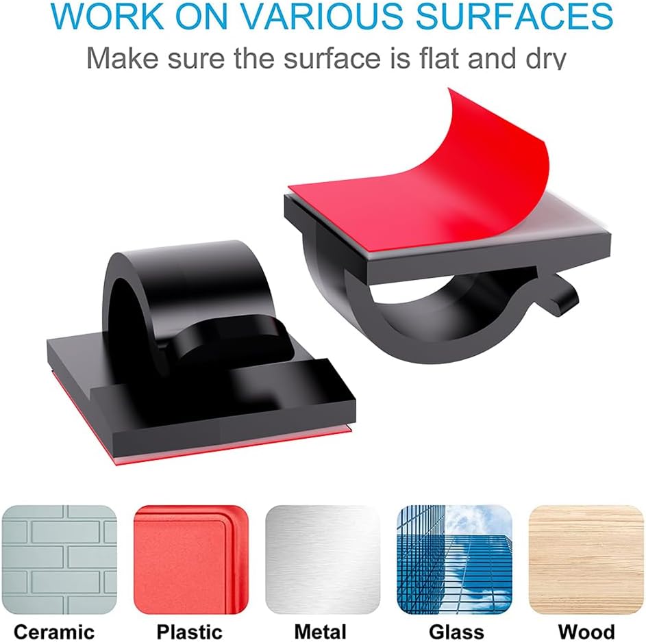 100 PCS Adhesive Cable Clips Cord Organizer (Small, Medium,Large),Wire Holder for Cable Management, Outdoor Light Clips Light Hooks for LED String,Car Dash Cam, Extension Cord (Black)