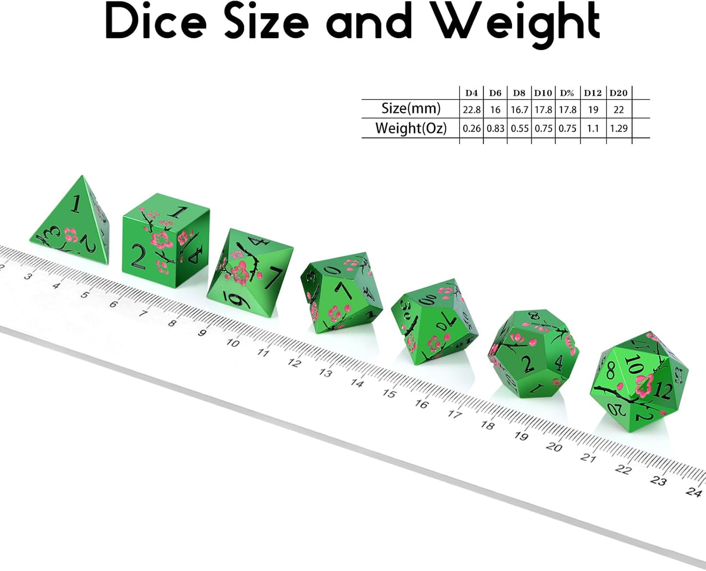 Matt Green Metal Dice Set, DNDND 7 PCS Heavy Metallic D&D Dice Set with Gorgeous Gift Case for Dungeons and Dragon Tabletop Game (Matte Green with Pink Flower)