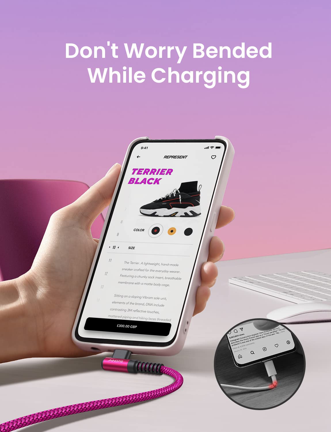 AINOPE Type C Cable [2-Pack, 6.6ft] 3.1A Type C Charger Fast Charging Right Angle, Resistant Nylon Braided S9 Charger Compatible with Galaxy S10 S9 Plus S21, Note 10 9 LG, USB C Cable