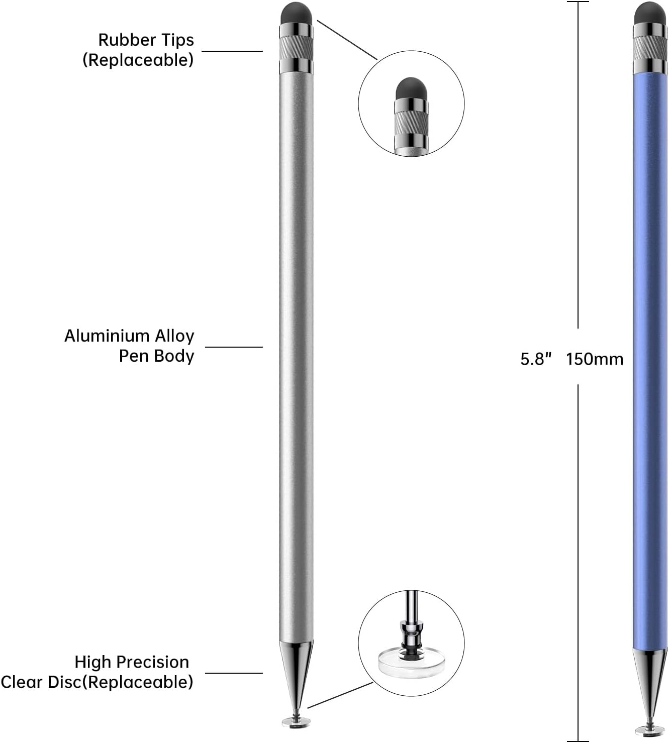 Stylus (5 Pcs), 2-in-1 Stylus Pen for Touch Screen, High Precision and Sensitivity, Suitable for iPhone/ipad/Android Tablets, Compatible with All Touch Screens (Black/White/Blue/Rose Gold/Silver)