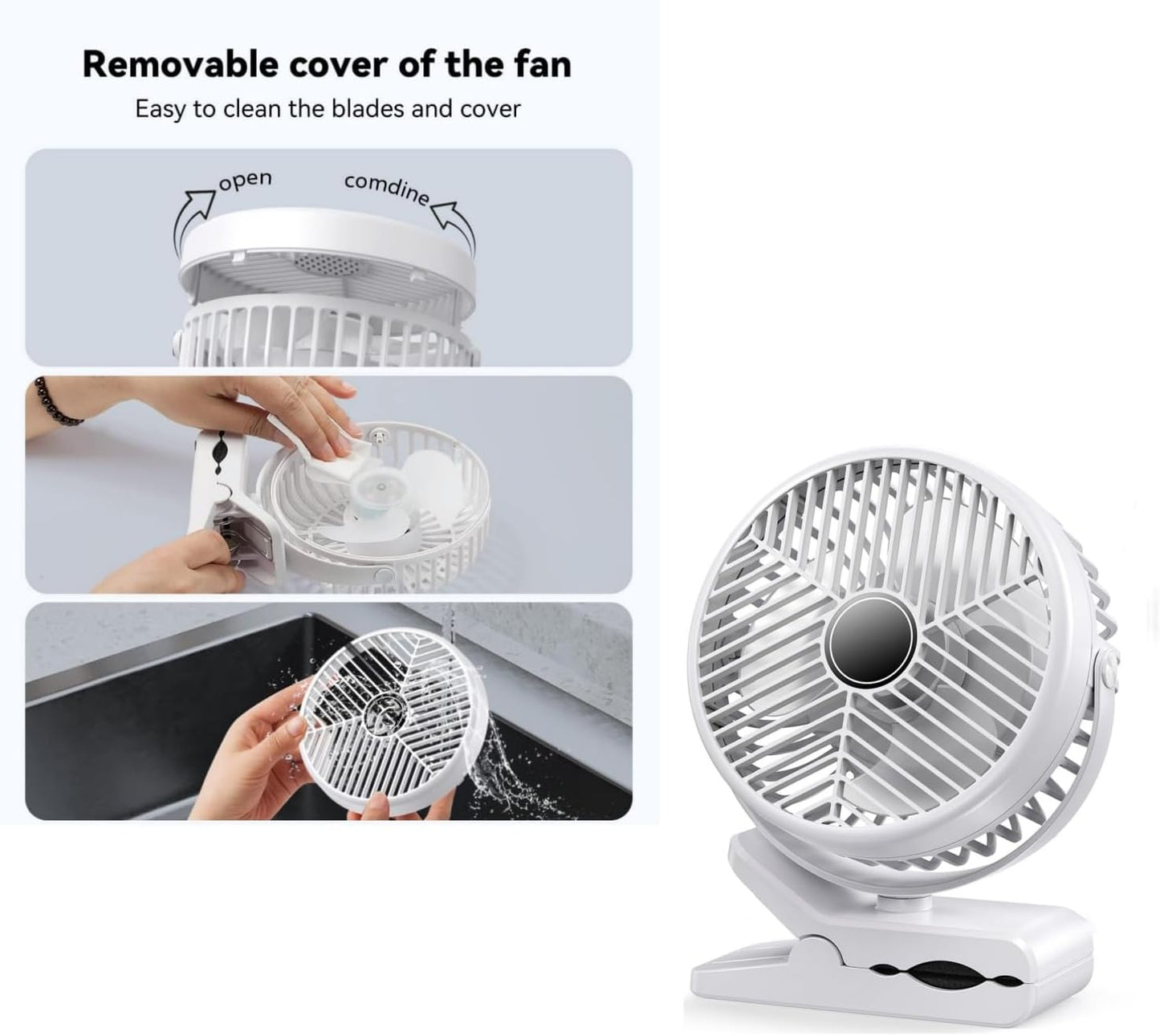 Portable Clip-on Fan 10000mAh Rechargeable Battery Powered – 3-Speed Quiet Desk & Clamp Fan for Stroller, Camping, Office & Bedroom – 360° Rotation-1PACK-White