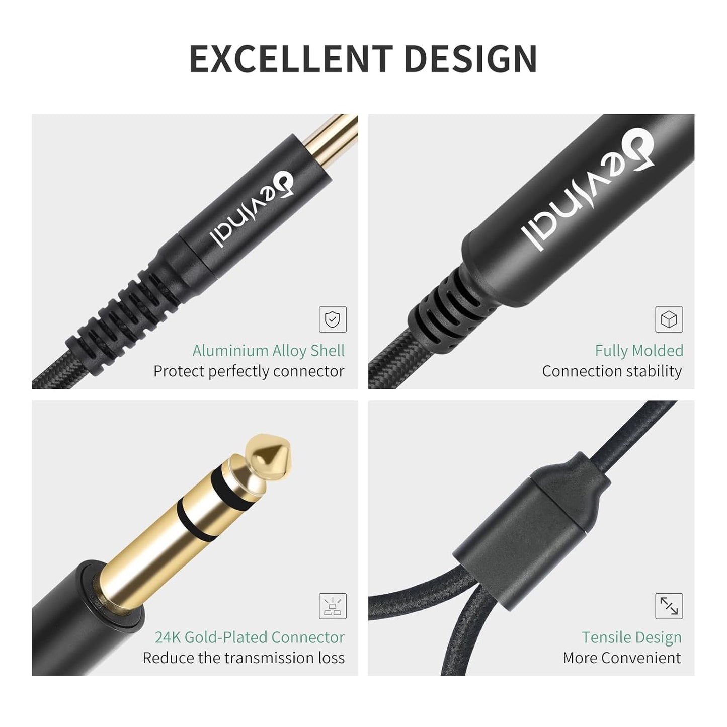 Devinal 1/4 inch TRS Splitter Cable, 6.35mm Stereo Y Cable, 1/4 Male Plug to Dual 1/4 Female Jack Cord, 12 inches / 30cm