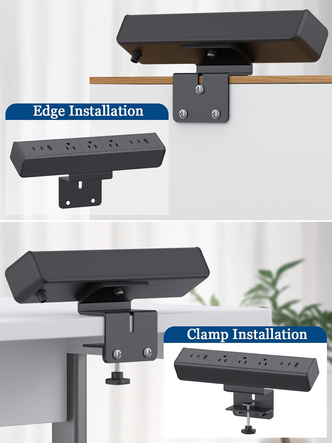 Nightstand Charging Station with 4 USB-C&2 QC 3.0 USB A Ports 3 AC Outlet, Desk Edge Mount Power Strip with USB-C Ports Tabletop Surge Protector Desk Clamp Power Strip for Home Office(Black)
