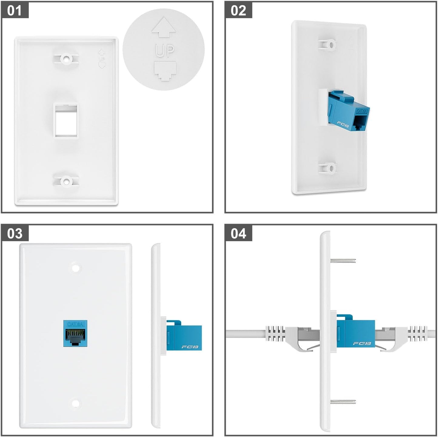 FGB 2-Port Keystone Wall Plate 20-Pack, Low-Profile Single Gang Wall Plates for RJ45, HDMI, and Coax Keystone Inserts, White