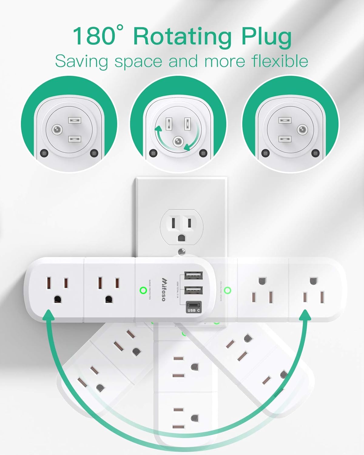 Surge Protector USB Outlet Extender, 6 AC Multi Plug Outlet and 3 USB Ports (1 USB C), 3-Sided Swivel Power Strip Outlet Splitter for Home, Dorm Room Essentials (2 Pack)