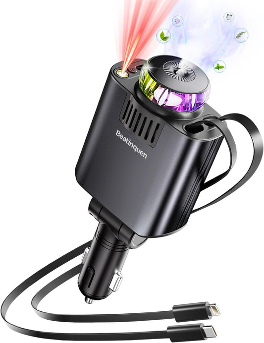 Retractable Car Charger with Air Freshener Diffuser & Star Lights,Multi Port Cigarette Lighter Adapter for iPhone Car Phone Charger USB-C/Type-C Fast Charging with 2 Retractable Cable (Black)