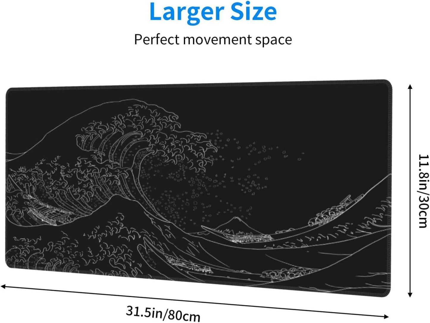 Japanese Sea Wave Large Mouse Pad, Anime Black Gaming, Extended Kanagawa Mat Desk Pad, 3mm Thick Long Non-Slip Rubber Base Mice Pad, 31.5 X 11.8 Inch