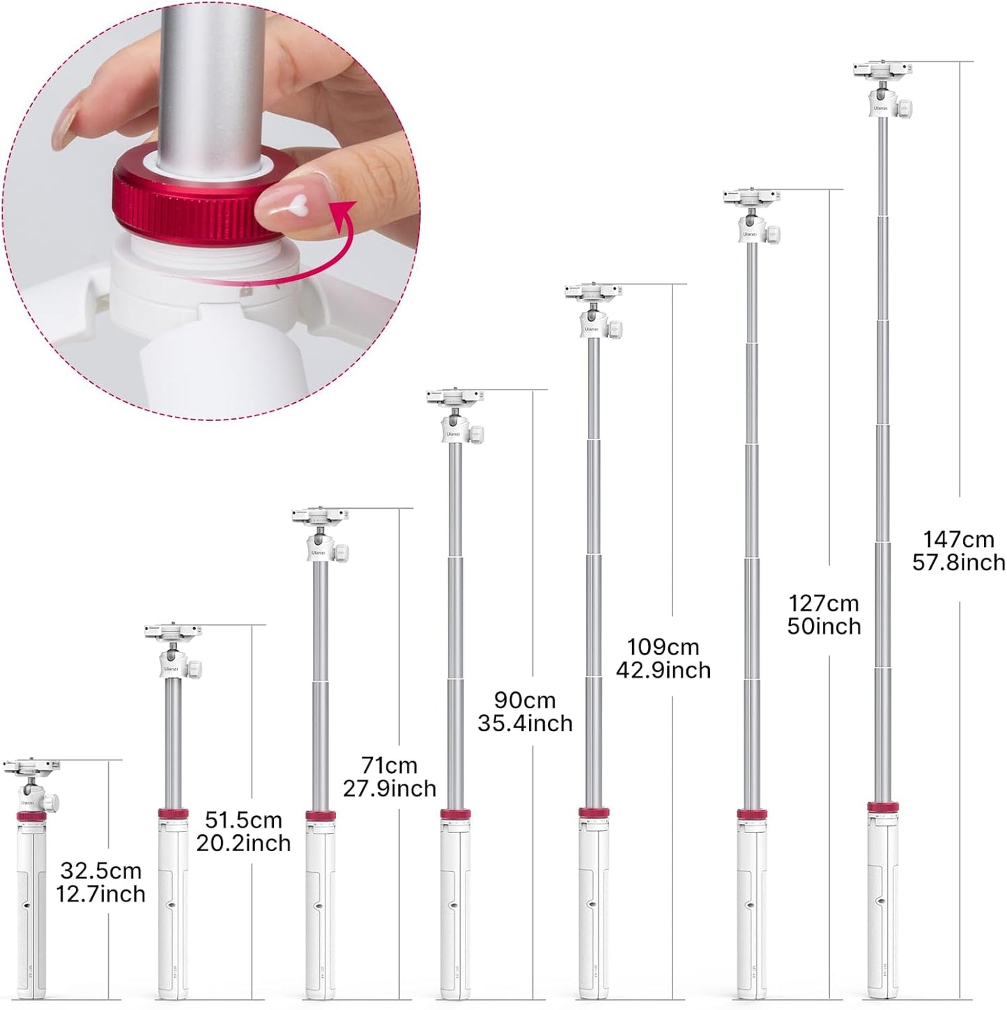 ULANZI MT-44 Extendable Phone Tripod, 59" Selfie Stick Portable Vlog Tripod Stand with 2 in 1 Phone Clip 1/4" Screw, 360° Ball Head Camera Tripod for DJI Pocket Sony Canon Action Fujifilm, White