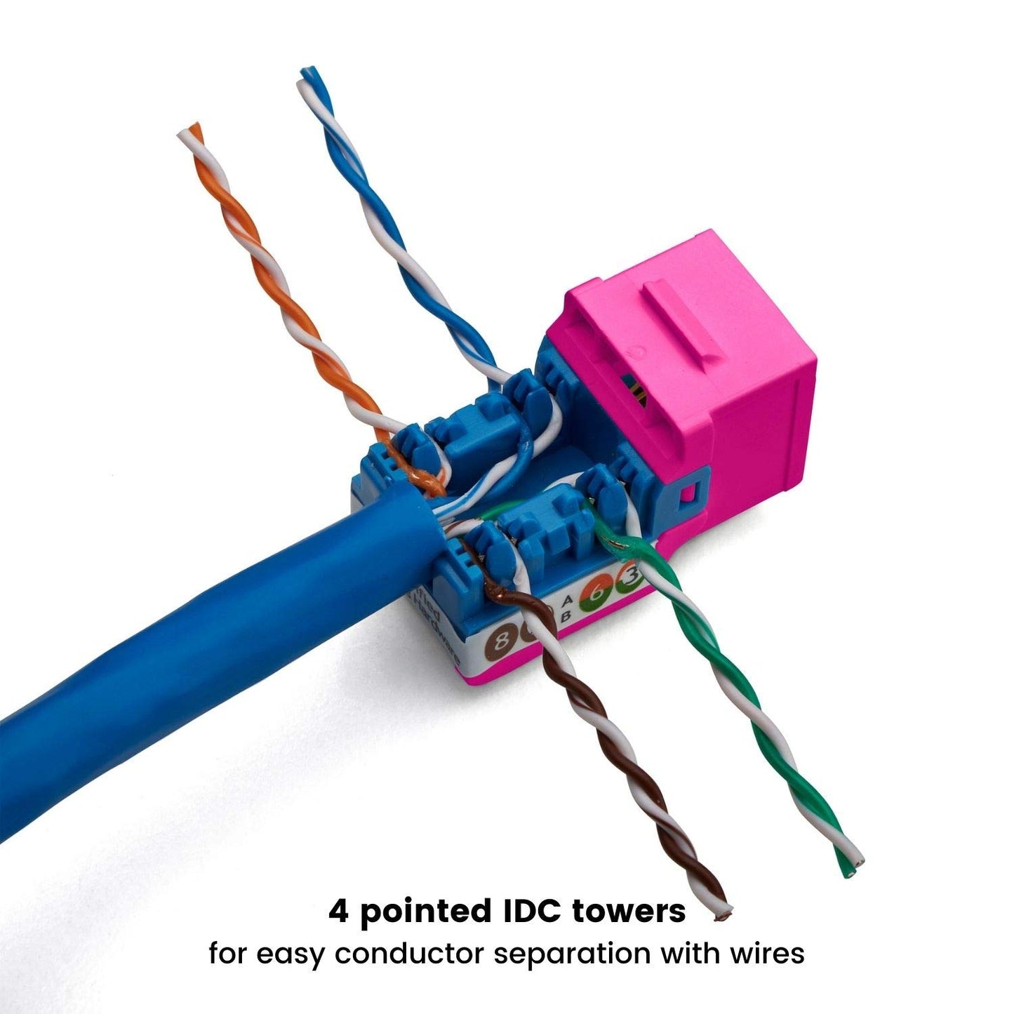TRUE CABLE Cat6A Keystone Jack, 90 Degree Punch-Down, PoE++, 48 Pack, Pink, 328 Feet, 8P8C, UTP, 23/24 AWG, Compatible with Router, Switch, Computer, IP Camera, Indoor Use, Ethernet Cable Connectors