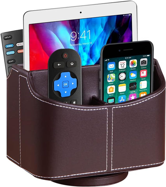 Fanousy 360° Rotating Remote Control Holder, PU Leather TV Remote Caddy Organizer Basket Storage Box with 5 Compartments for Pen, Pencil, Art Supplies, Makeup Brush, Office Desk Table Accessories