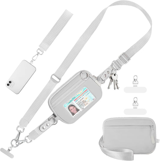 Clip and Go Strap for Phone with Wallet Crossbody Phone Lanyard Adjustable and Detachable RFID Wristlet Wallet with ID Window and Zipper, Grey