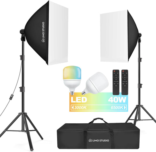 LimoStudio (LED Super Bright) 1600W Output Remote Control, 20 x 28 inch Softbox Continuous Lighting Kit, 3000K-6500K Adjustable Color Temperature, 7600 Lumen, CRI>95, Soft Box Light Diffuser, AGG3431