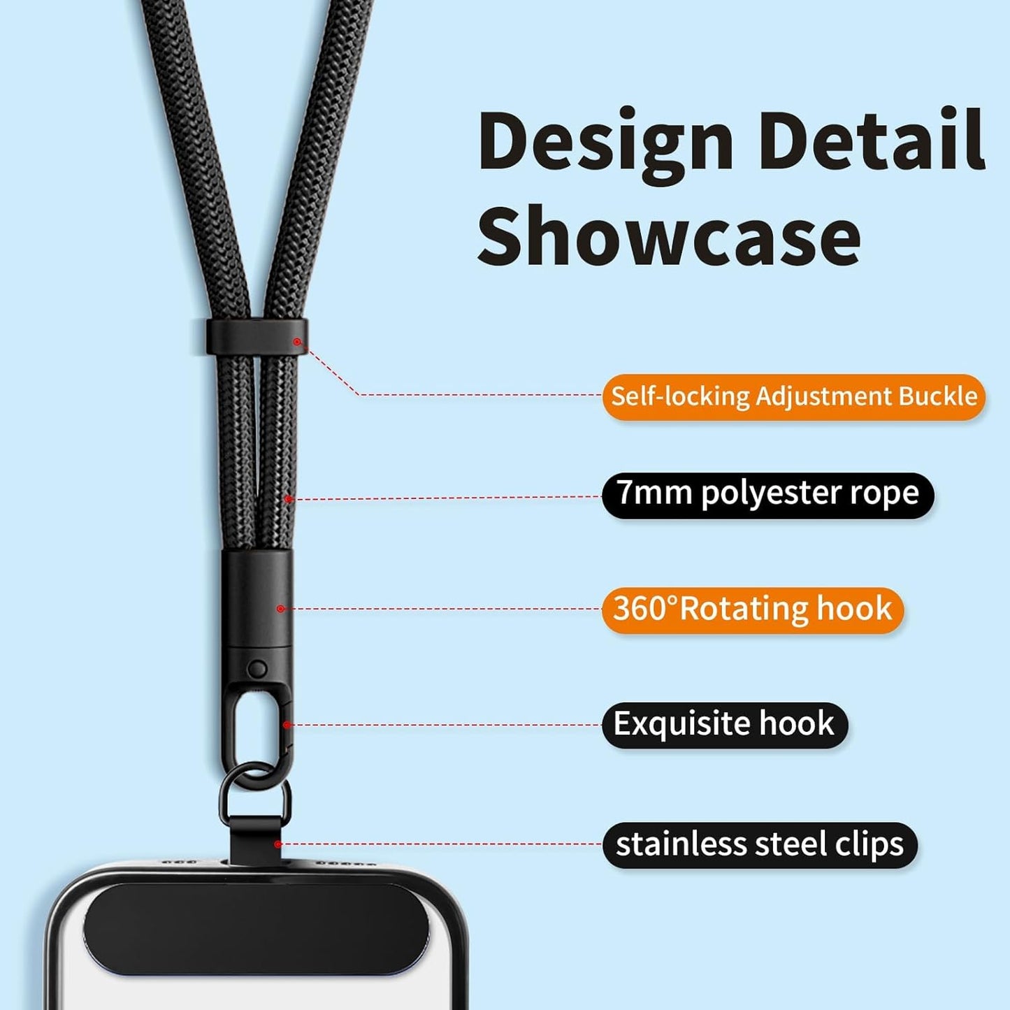 Phone Lanyard 2 Pcs - 1 Phone Wrist Strap, 1 Adjustable Crossbody Cell Phone Lanyard, 2 Metal Pads and 360° Rotating Metal Clips - Skin-Friendly, Universal for Most Phones (Black)
