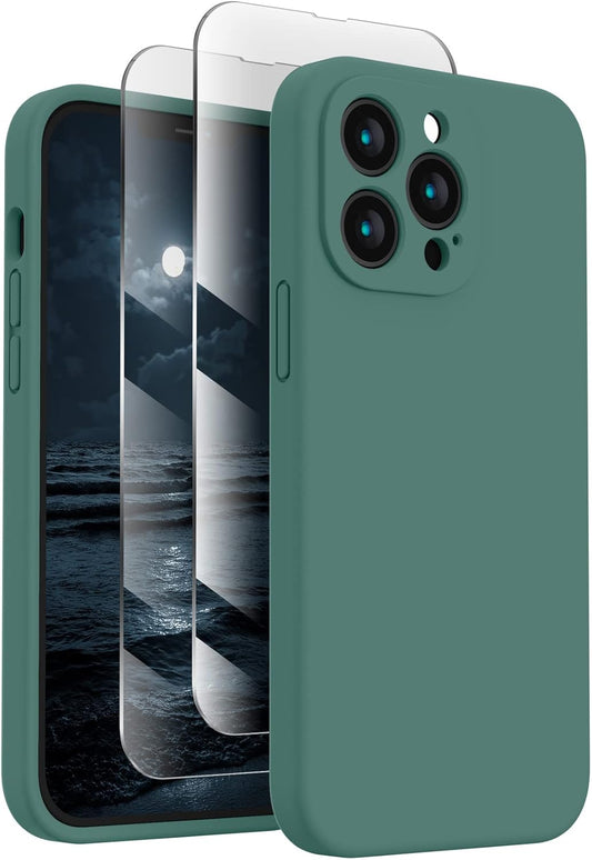 FireNova Designed for iPhone 13 Pro Case, Silicone Upgraded [Camera Protection] Phone Case with [2 Screen Protectors], Soft Anti-Scratch Microfiber Lining Inside, 6.1 inch, Midnight Green