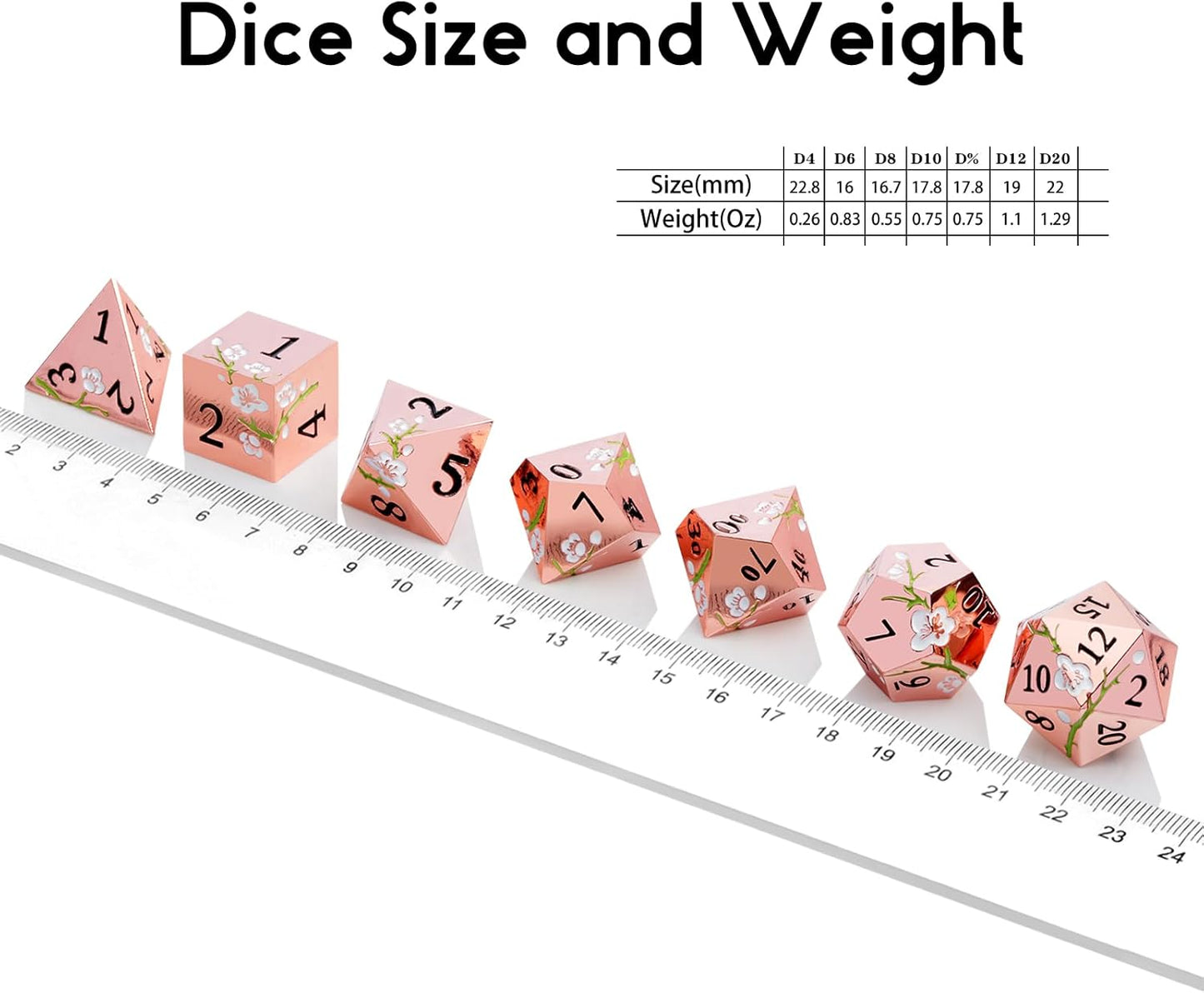 Metal Dice Set D&D, DNDND 7 PCS Flower Metallic DND Dice Set with Gorgeous Gift Case for Dungeons and Dragon Tabletop Game (Gold with White Flower)