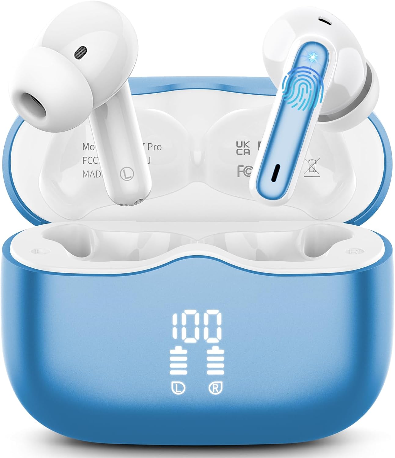 Wireless Earbuds, Bluetooth 5.4 Headphones in Ear with 4 ENC Noise Cancelling Mic, New Wireless Earphones HiFi Stereo Deep Bass 40H Playtime, In-Ear Bluetooth Earbuds LED Display IP7, USB-C, Lake Blue
