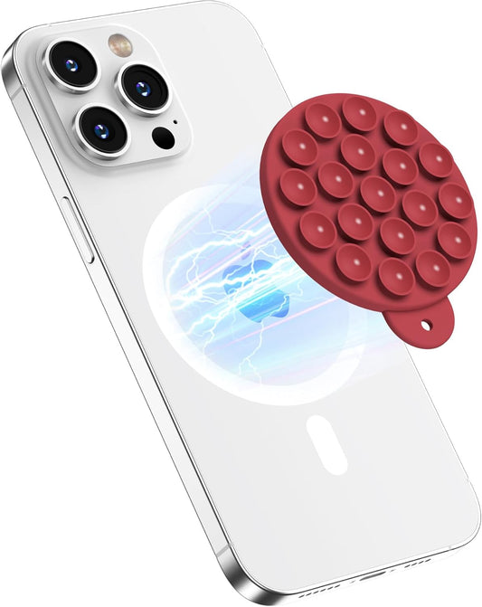 Magnetic Suction Cup Phone Mount for MagSafe Case, Silicone Hands-Free Grip Holder for iPhone and Android, Mirror Shower Phone Stand for Makeup FaceTime Gym Kitchen Bathroom, Deep Red